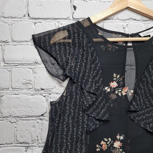 BCBGeneration Sheer Black Floral Print Flutter Sleeve Slip Dress Size XS - Picture 4 of 10